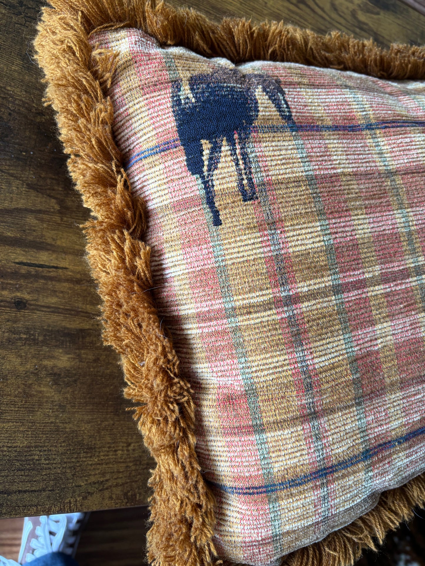*VINTAGE* PLAID W/ FRINGE HORSE LONG THROW PILLOW