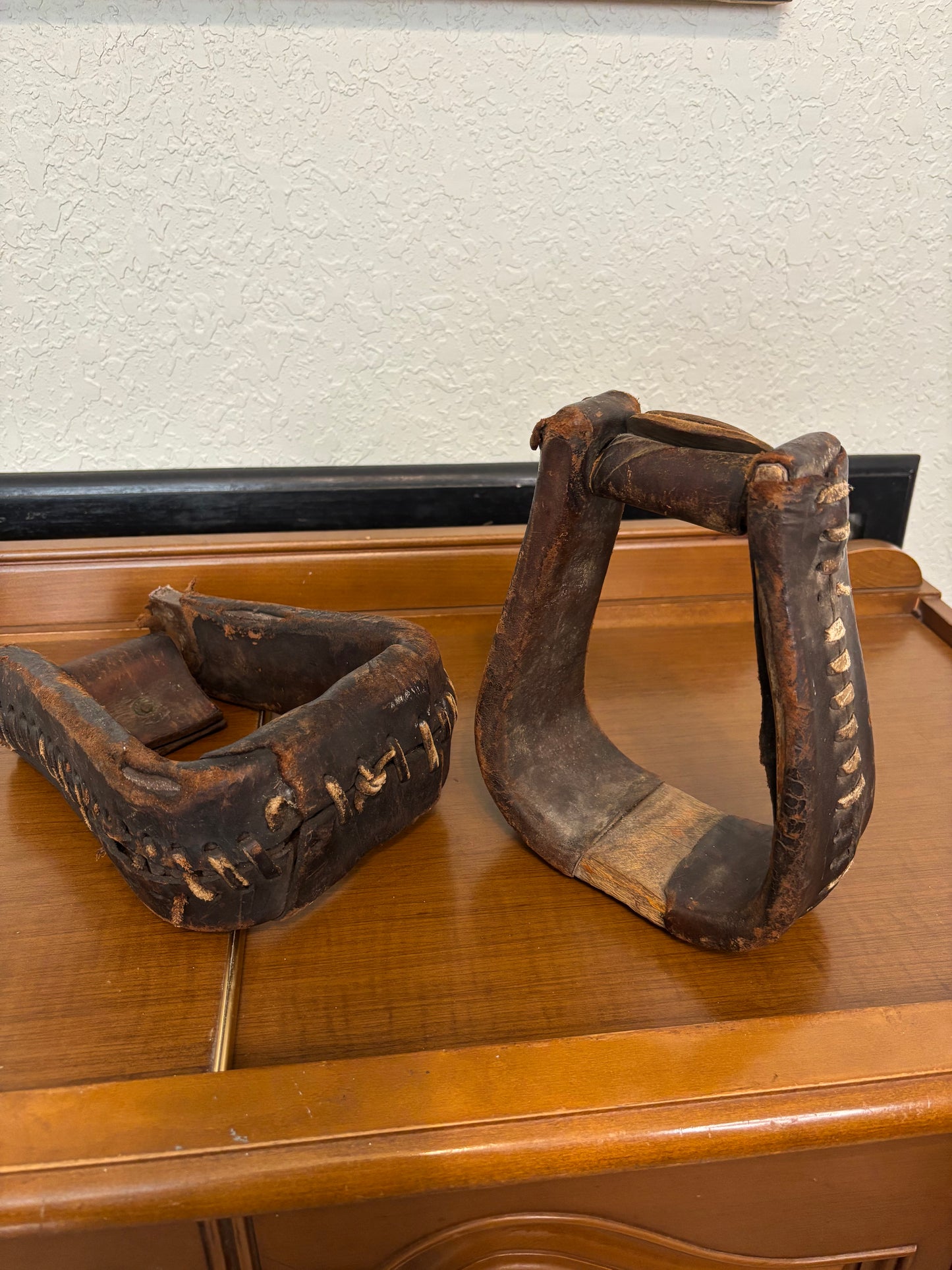 *VINTAGE* LEATHER WRAPPED WOODEN STIRRUPS