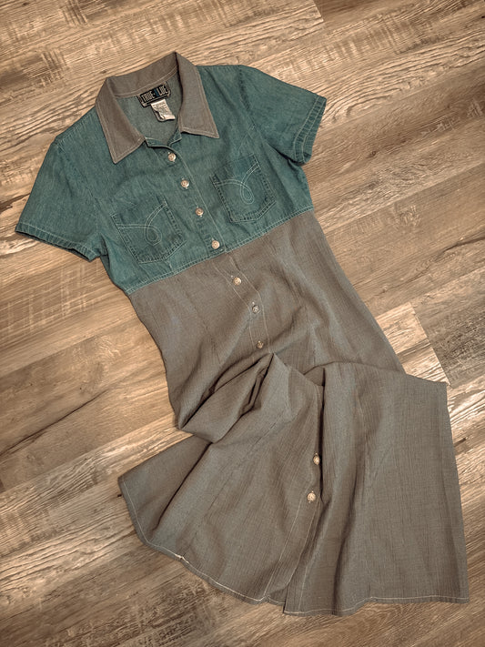 *VINTAGE* DENIM TOP, HOUNDSTOOTH, BUTTON FRONT DRESS