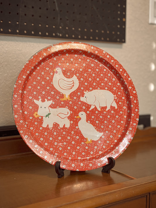 *VINTAGE* FARM ANIMAL TIN METAL ROUND SERVING PLATER