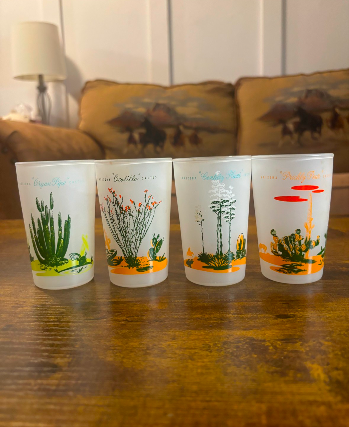RARE 1959 BLAKELY OIL & GAS PROMO CACTUS LOW GLASS CUPS SET OF 4 *VINTAGE*