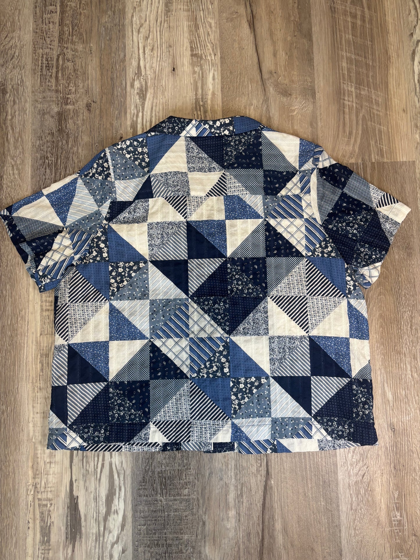 BLUE/ WHITE PATCHWORK QUILT STYLE BUTTON UP CROP