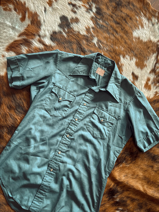 *VINTAGE* JC PENNEY WESTERN SHORT SLEEVE BLUE PEARL SNAP SHIRT