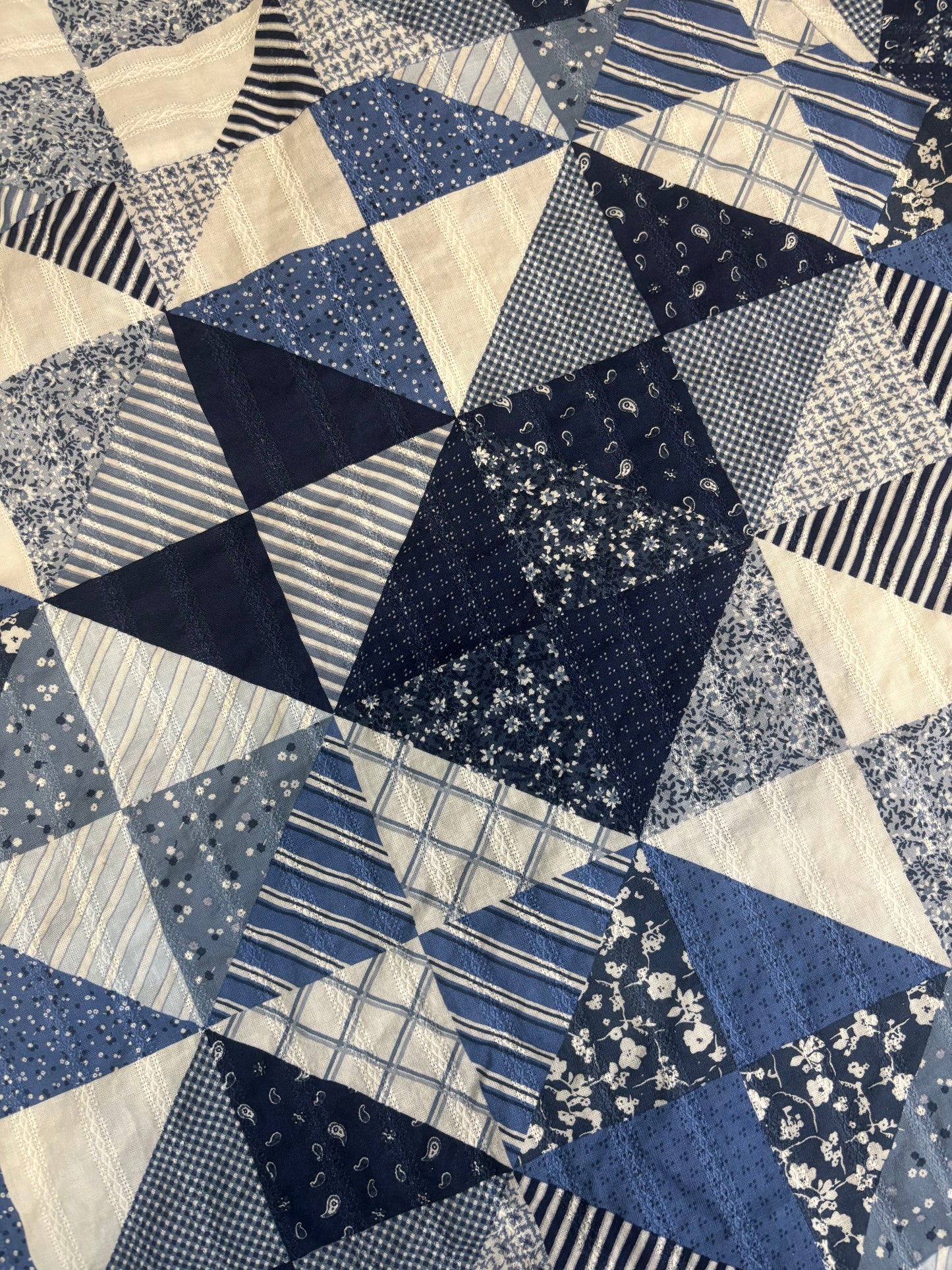 BLUE/ WHITE PATCHWORK QUILT STYLE BUTTON UP CROP