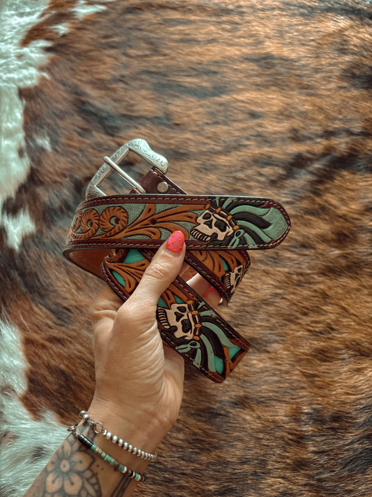 American Darling Skull Turquoise Native American Tooled Genuine Leather Belt