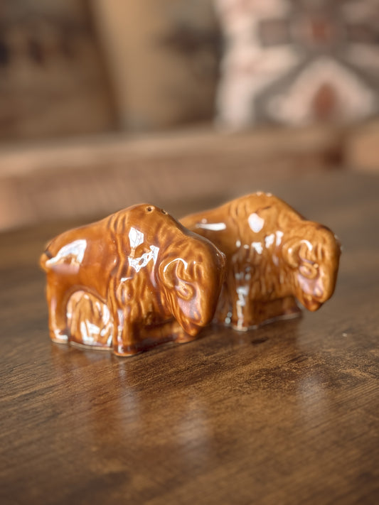 *VINTAGE* SOUTH DAKOTA SIGNED BISON BUFFALO SALT & PEPPER SHAKERS SET
