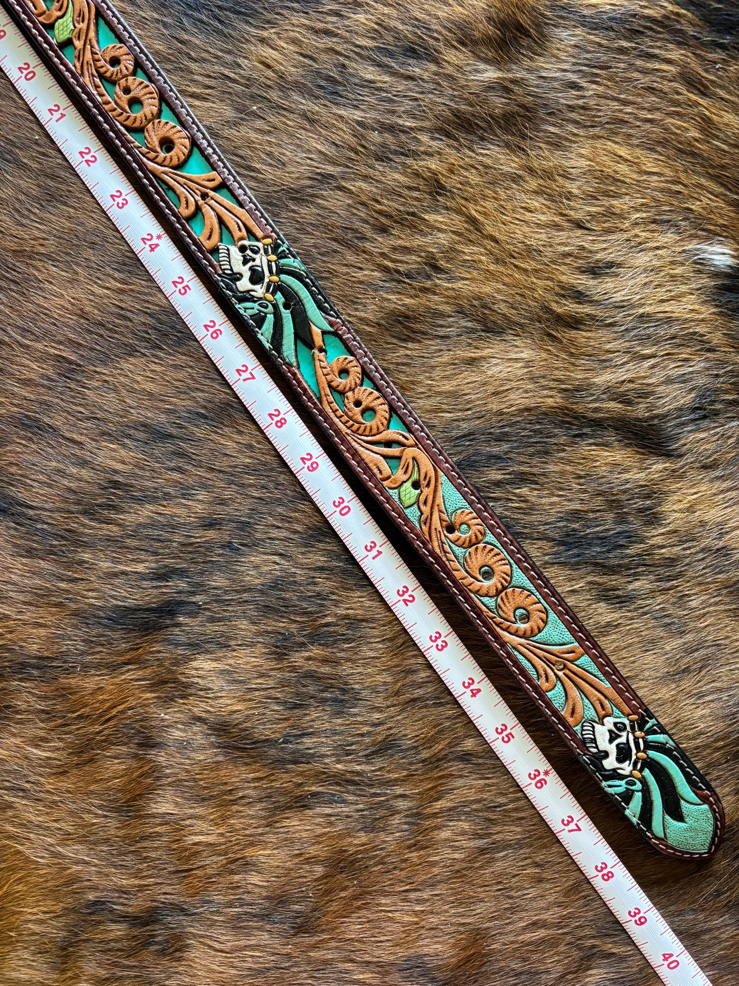 American Darling Skull Turquoise Native American Tooled Genuine Leather Belt