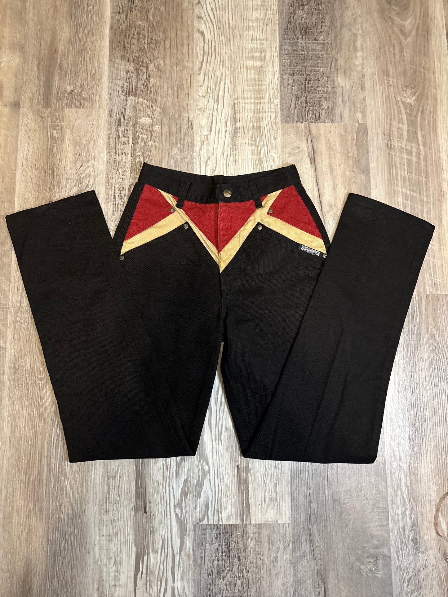 26” RARE RED/TAN/BLACK ROUGHRIDER BAREBACK JEANS *VINTAGE*