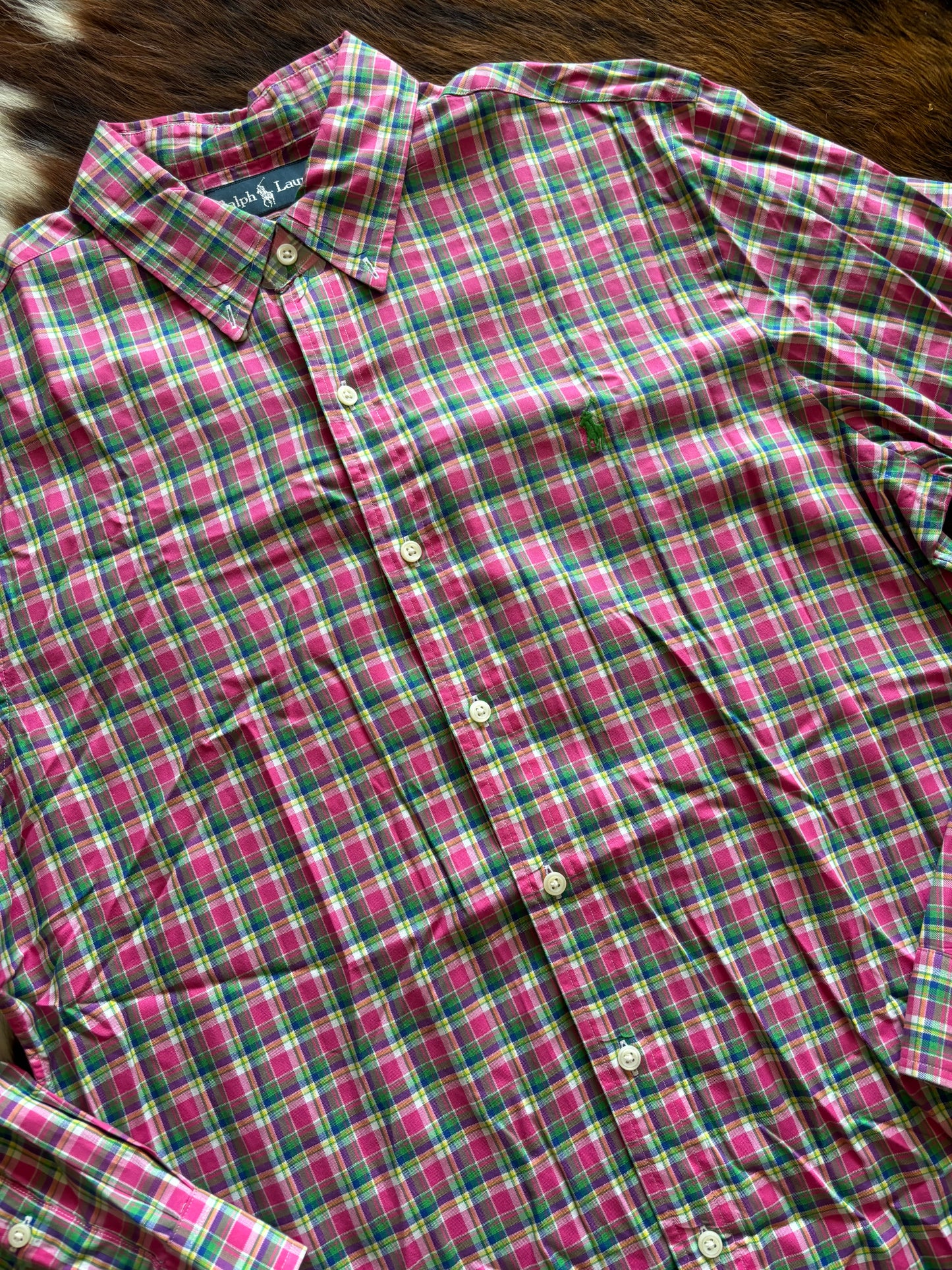 Men’s Ralph Lauren Polo NEW Pink/ Green Plaid Long Sleeved Button Up Shirt