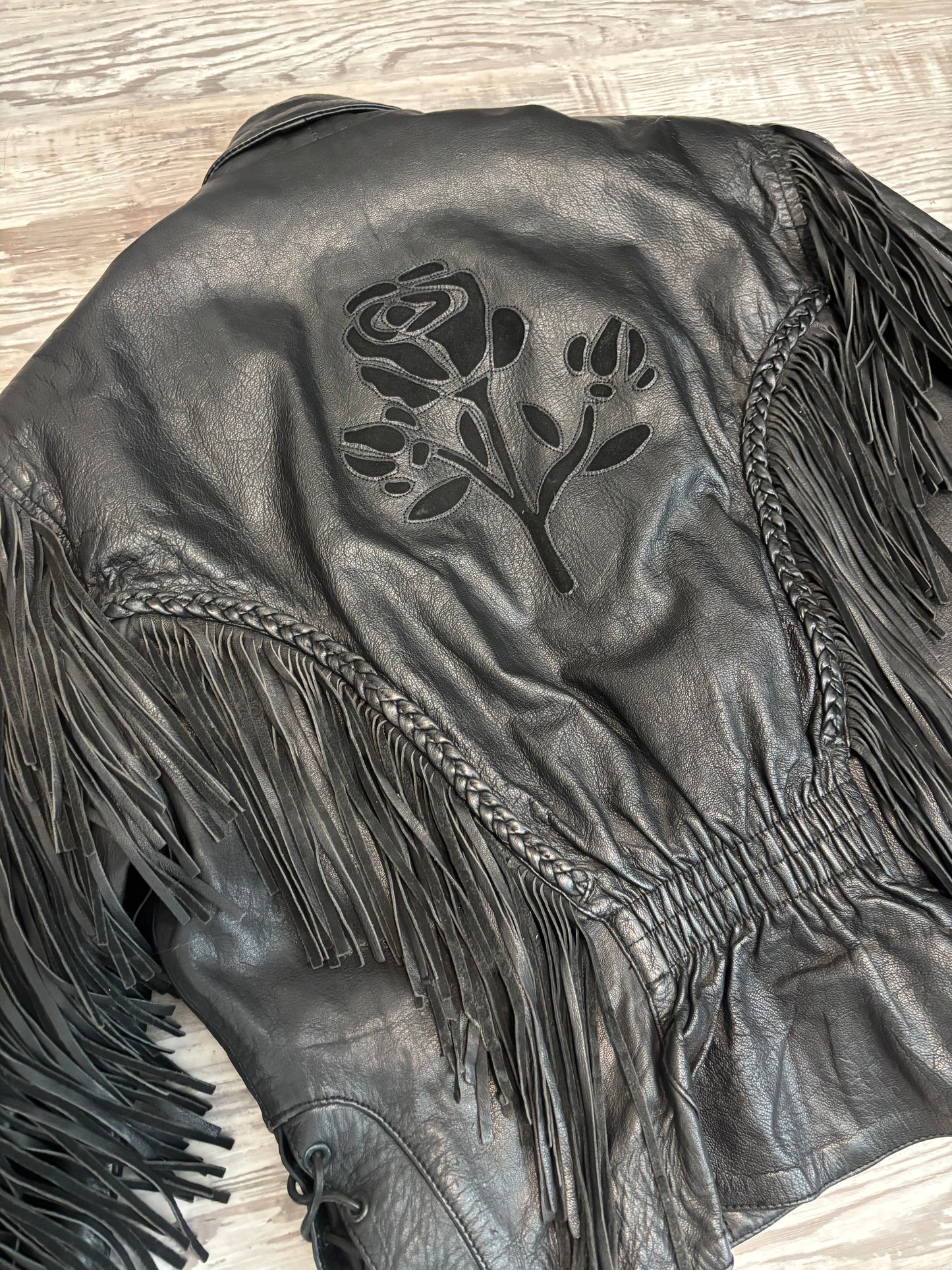 UNIK LEATHER FRINGE BLACK ROSE BIKER JACKET *VINTAGE*