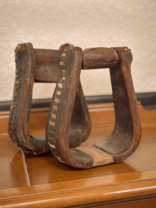 *VINTAGE* LEATHER WRAPPED WOODEN STIRRUPS