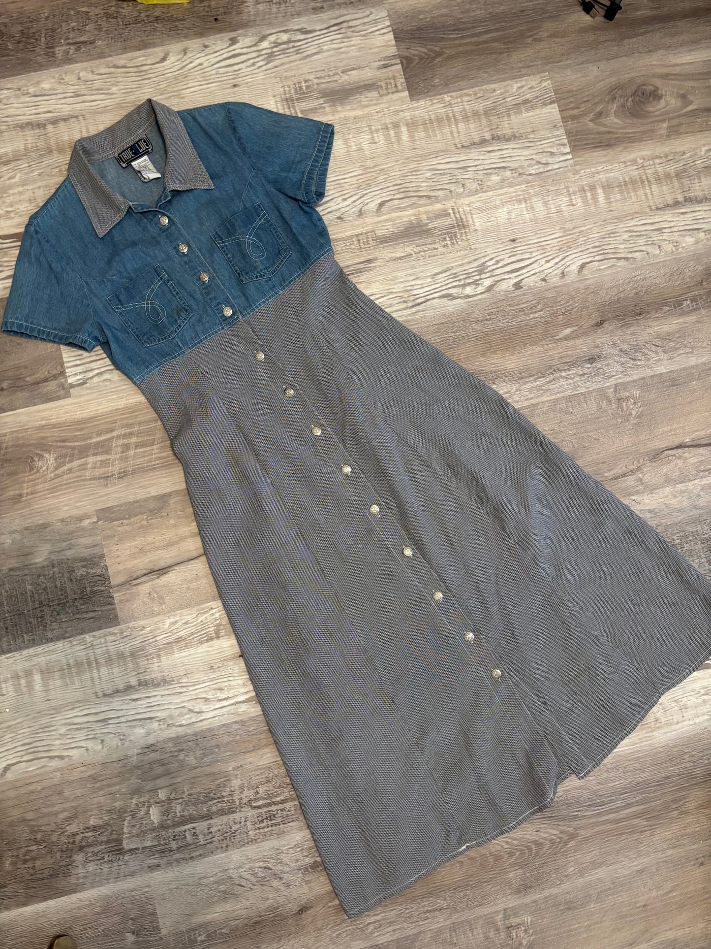 *VINTAGE* DENIM TOP, HOUNDSTOOTH, BUTTON FRONT DRESS