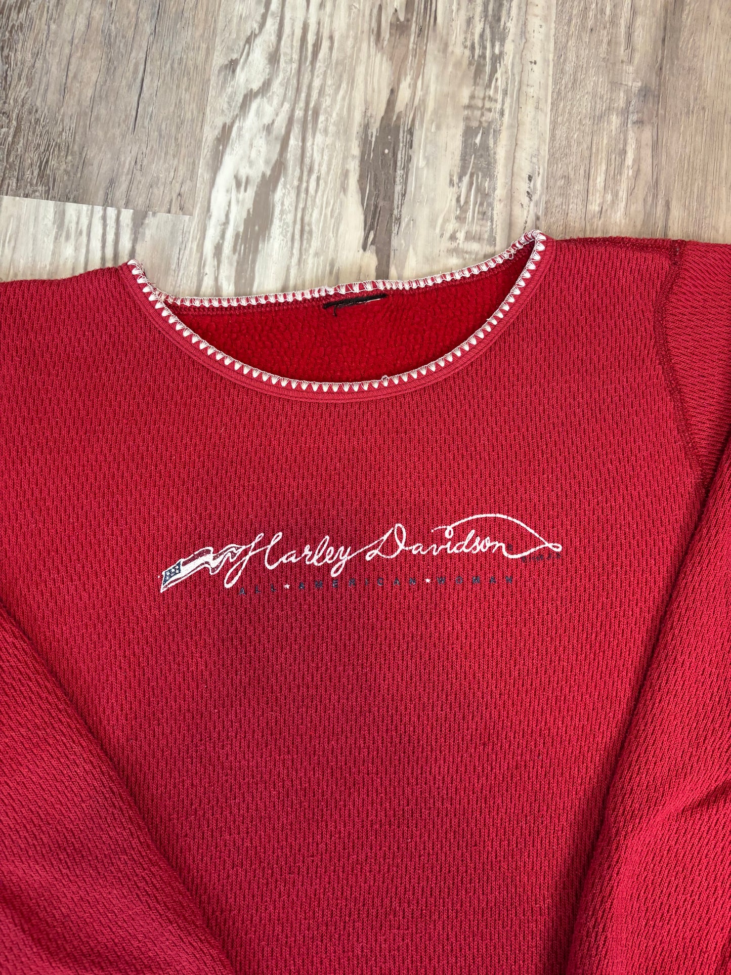 HARLEY DAVIDSON ALL AMERICAN WOMAN THERMAL LONG SLEEVED SHIRT *VINTAGE*