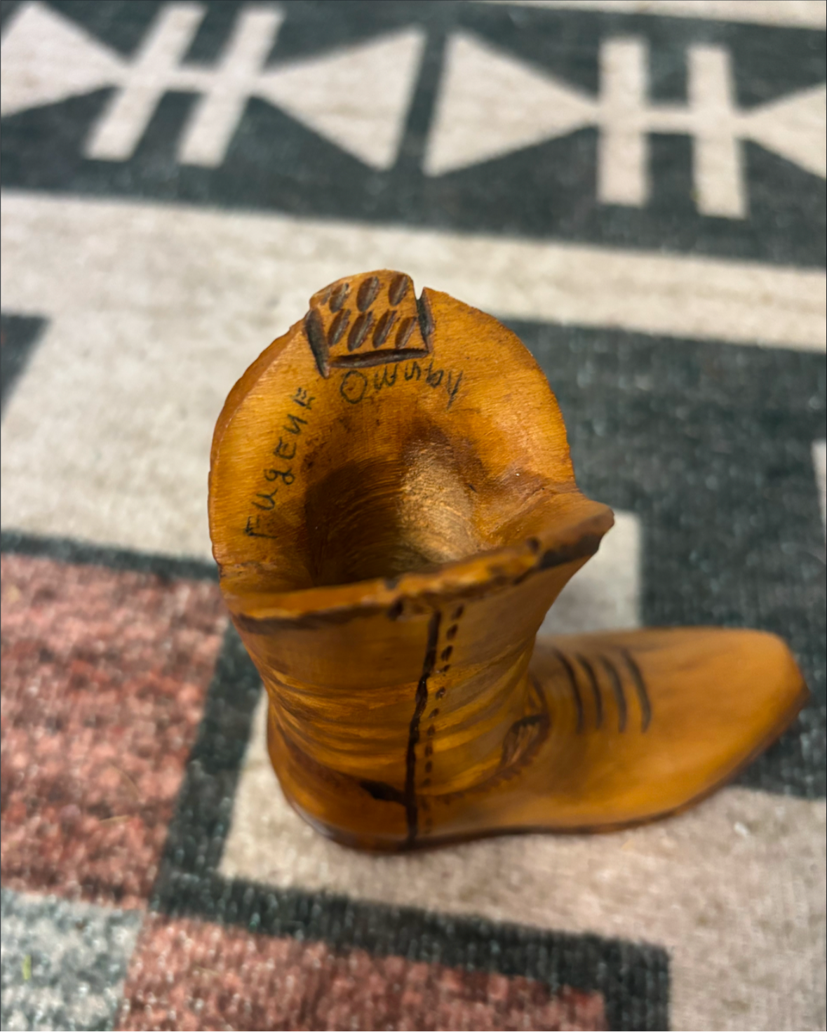 HAND CARVED WOODED BOOT SIGNED *VINTAGE*