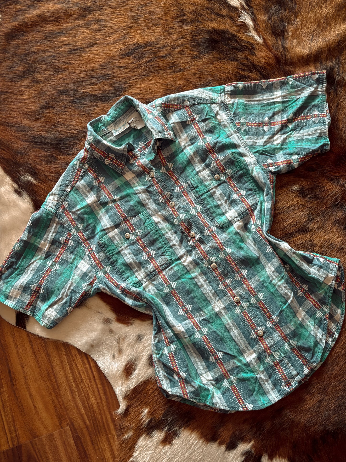 Southwestern Plaid Women’s Short Sleeved Button Up Shirt *VINTAGE*