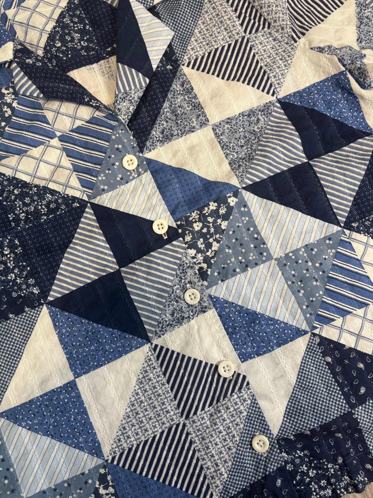 BLUE/ WHITE PATCHWORK QUILT STYLE BUTTON UP CROP