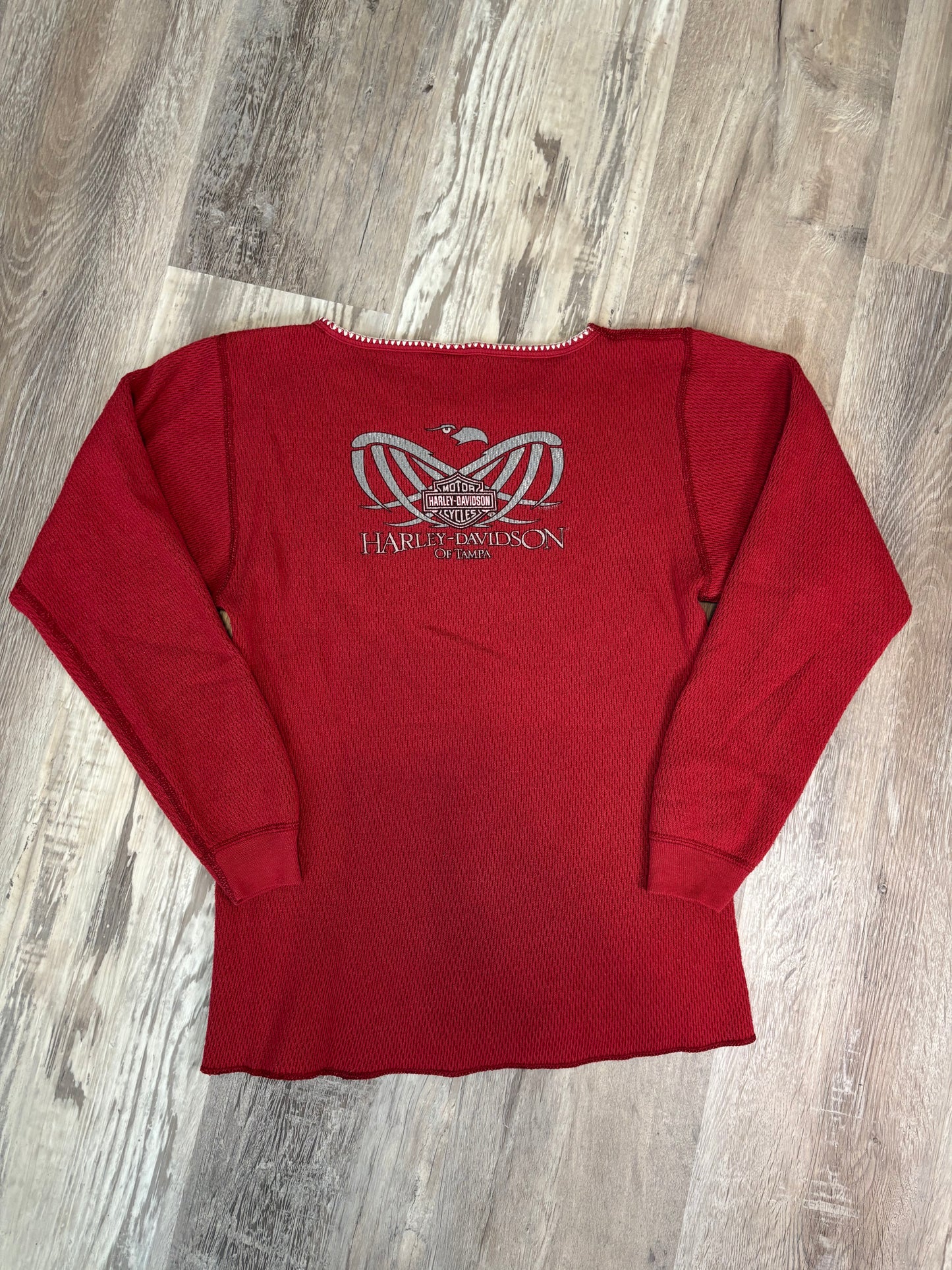 HARLEY DAVIDSON ALL AMERICAN WOMAN THERMAL LONG SLEEVED SHIRT *VINTAGE*