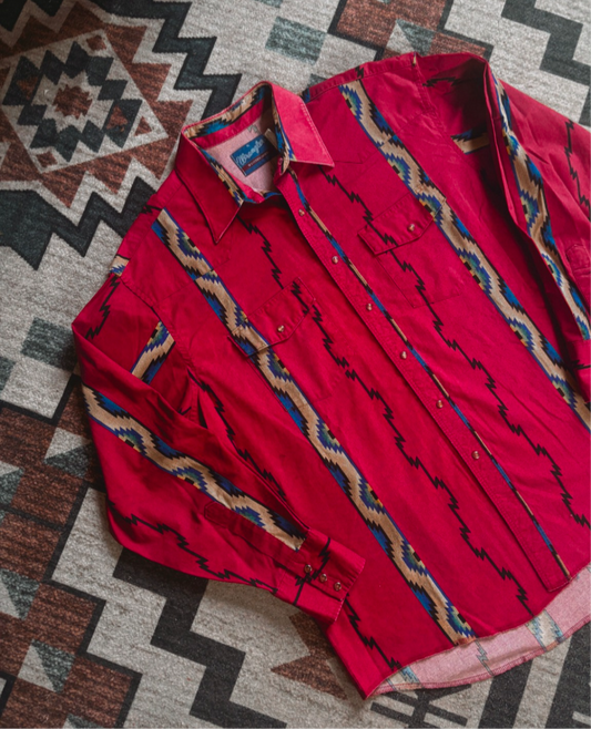 RED/YELLOW AZTEC WRANGLER PEARL SNAP *VINTAGE*