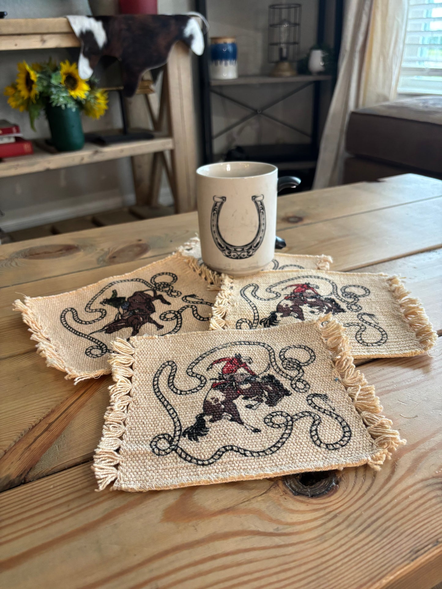 *VINTAGE* BRONC & BULL RIDER MUG RUG COASTERS