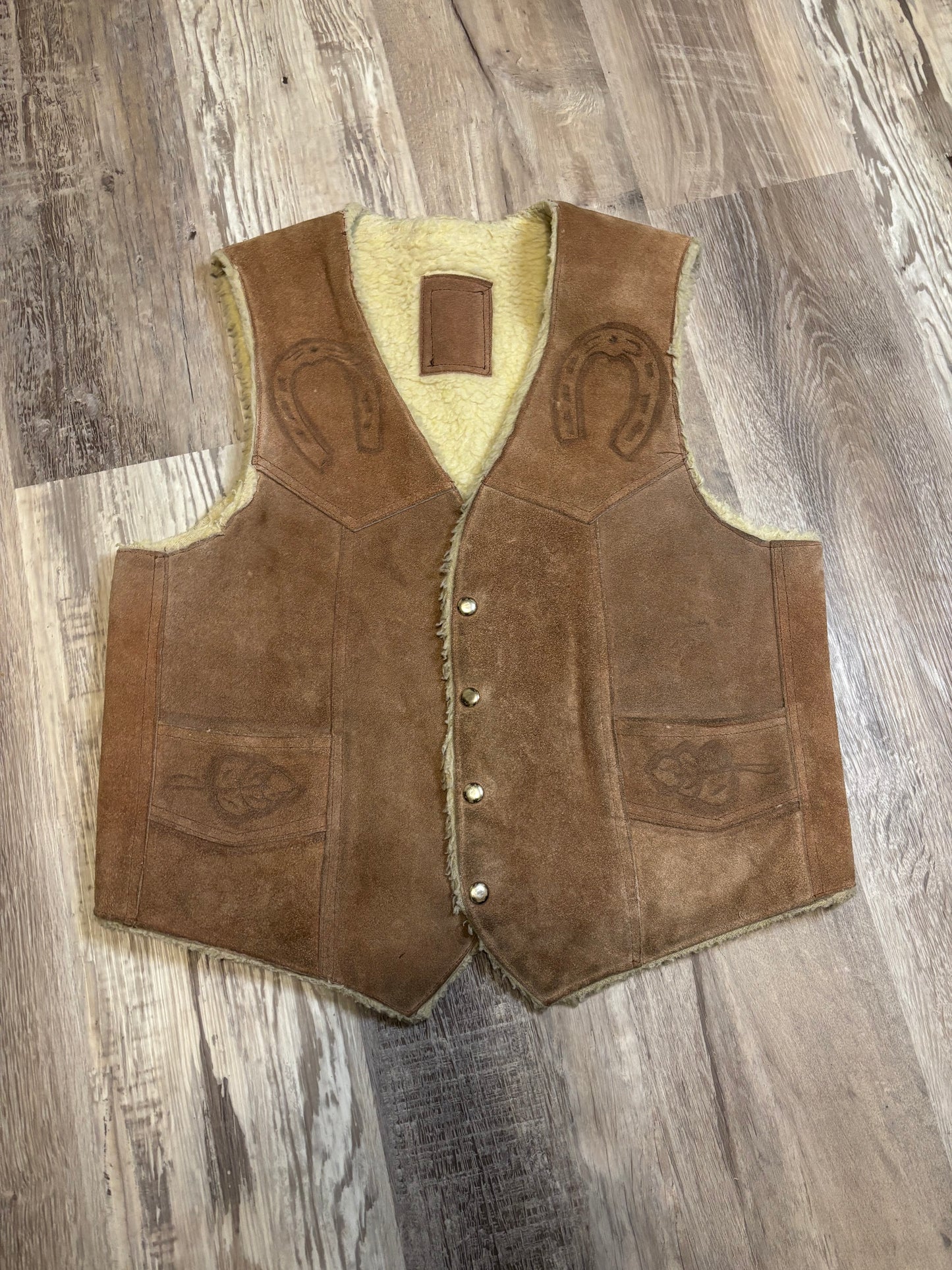 MEXICO HAND ETCHED LEATHER WOOL HORSE HORSESHOE VEST *VINTAGE*