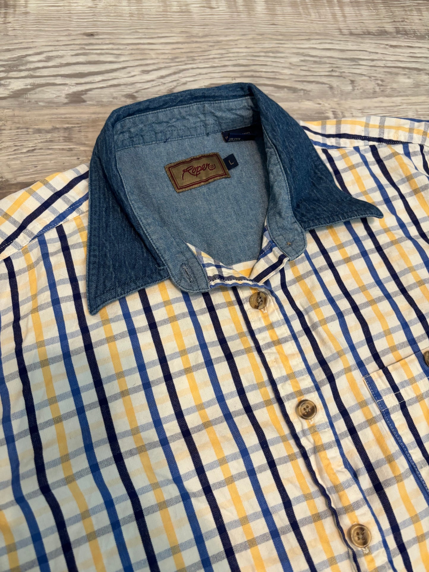 *VINTAGE* DENIM COLLAR PLAID ROPER BUTTON UP