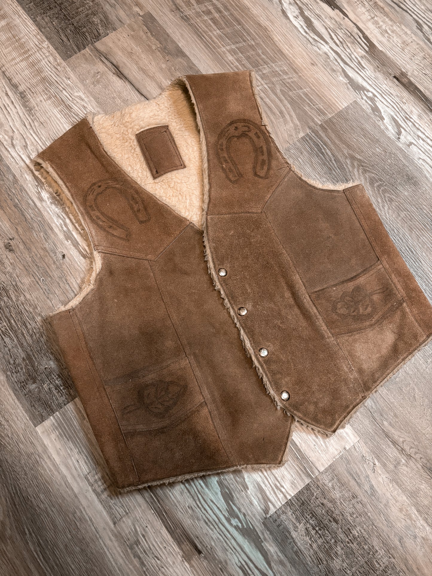 MEXICO HAND ETCHED LEATHER WOOL HORSE HORSESHOE VEST *VINTAGE*