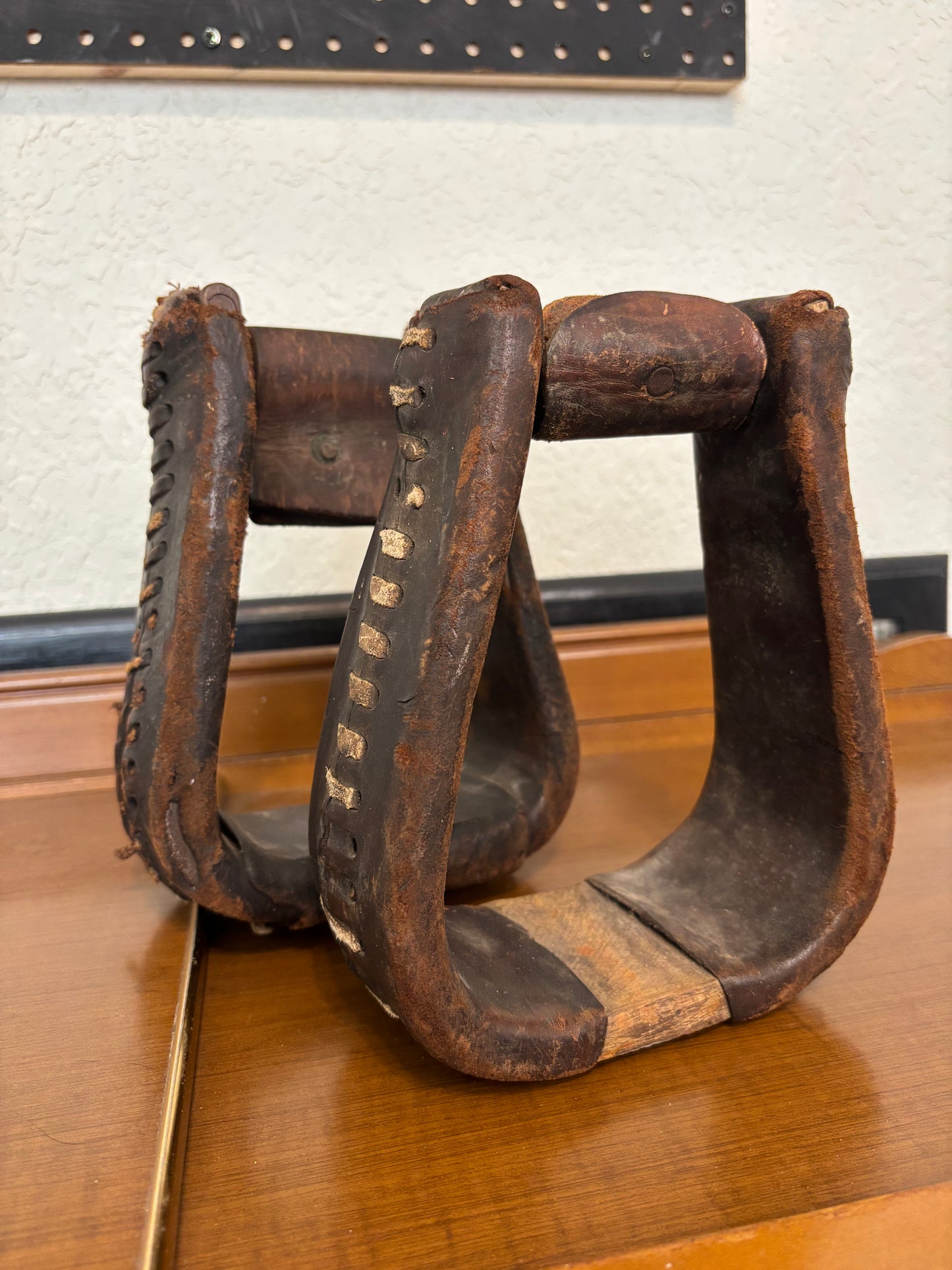 *VINTAGE* LEATHER WRAPPED WOODEN STIRRUPS