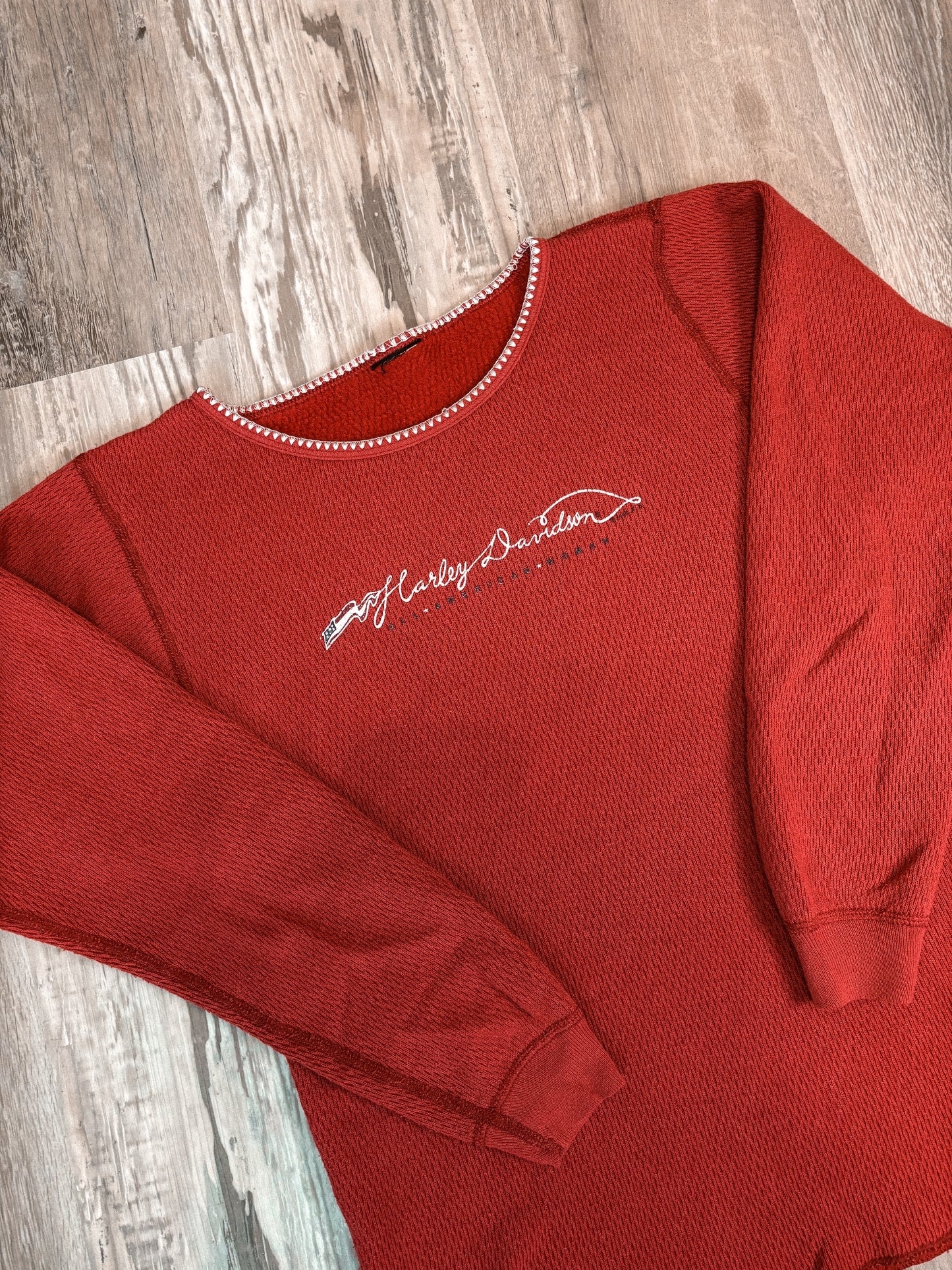 HARLEY DAVIDSON ALL AMERICAN WOMAN THERMAL LONG SLEEVED SHIRT *VINTAGE*