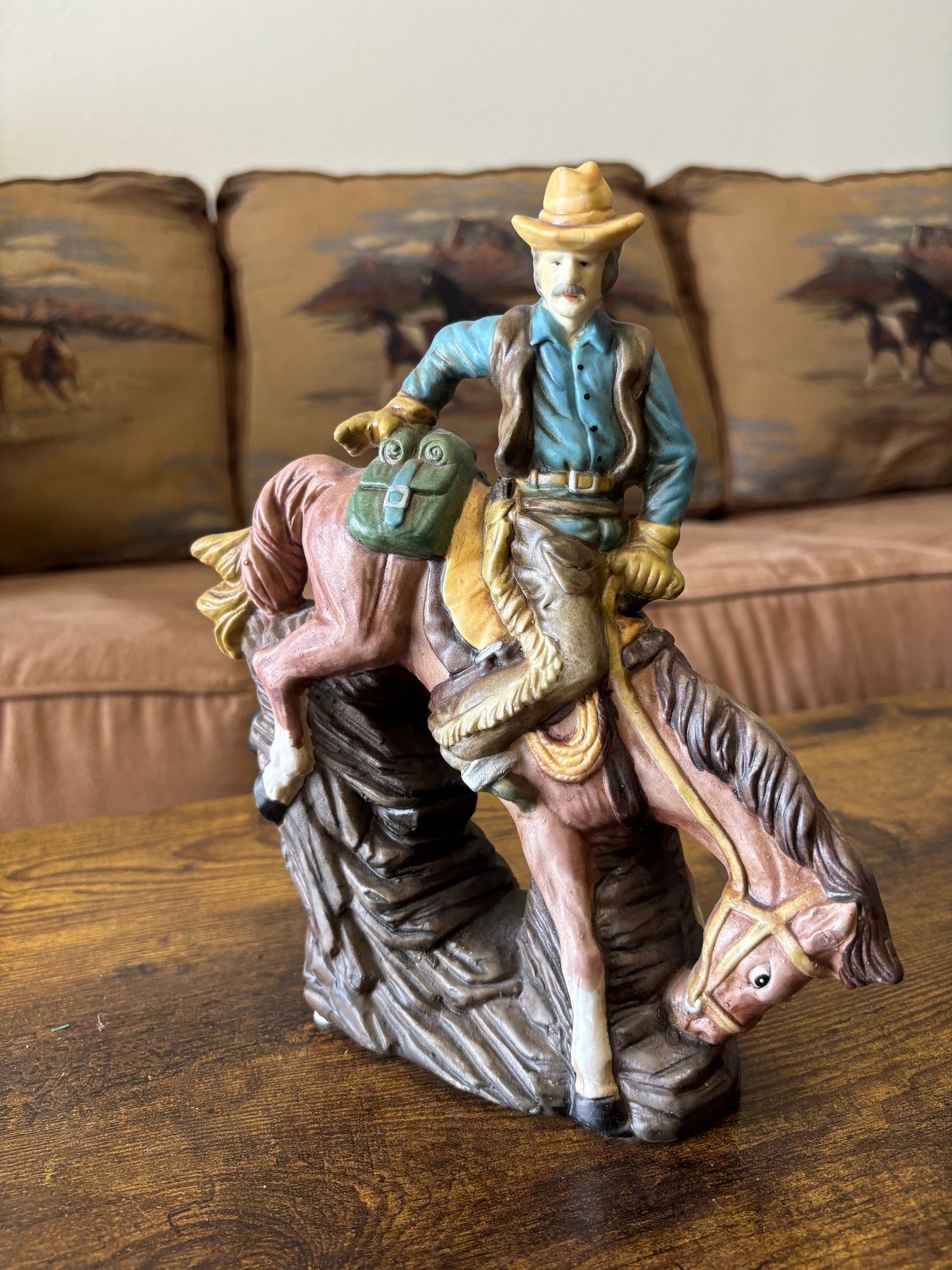 *VINTAGE* CERAMIC COWBOY ON BUCKING HORSE BRONC STATUE FIGURINE, AVERY CREATIONS