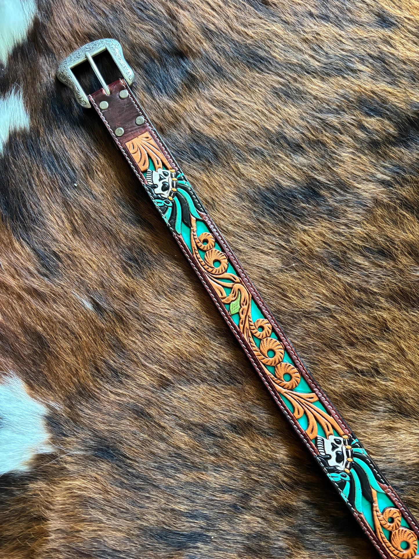American Darling Skull Turquoise Native American Tooled Genuine Leather Belt