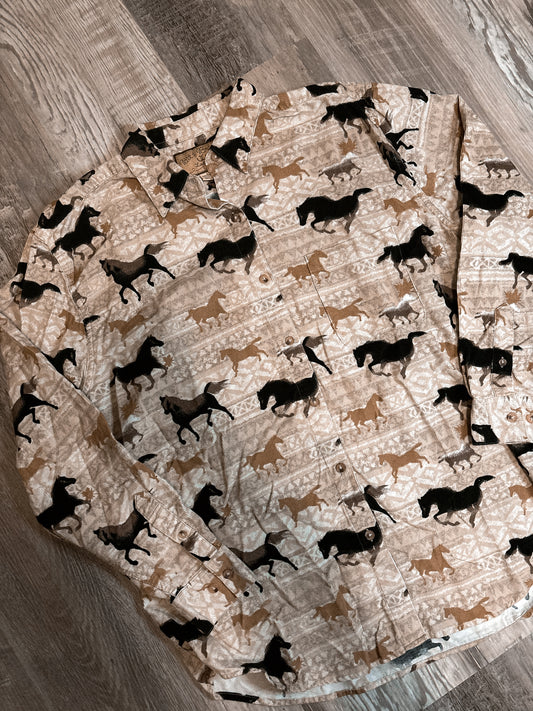 BIT & BRIDLE CORDUROY HORSES BUTTON UP *VINTAGE*