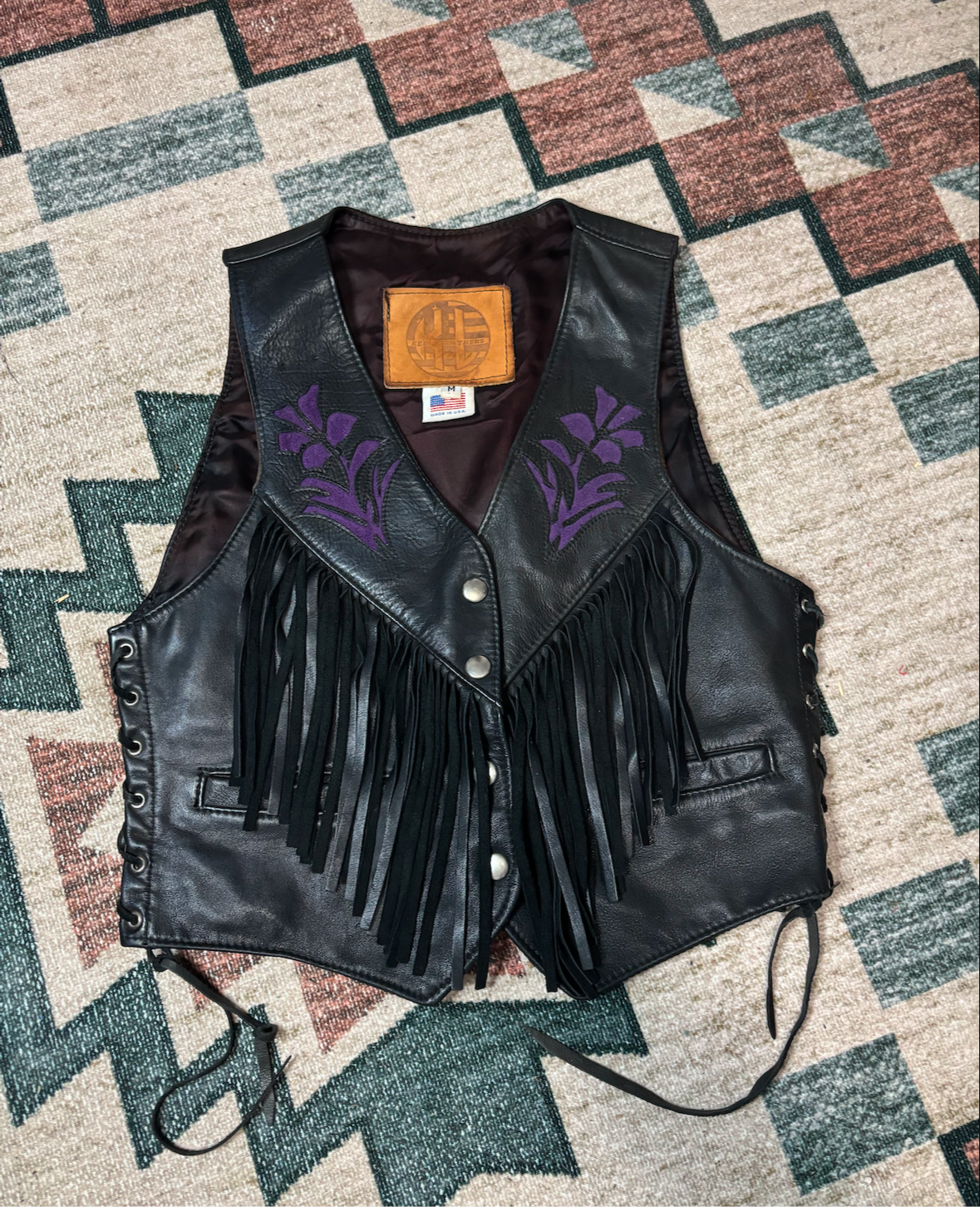 PURPLE FLOWERS FRINGE LEATHER VEST