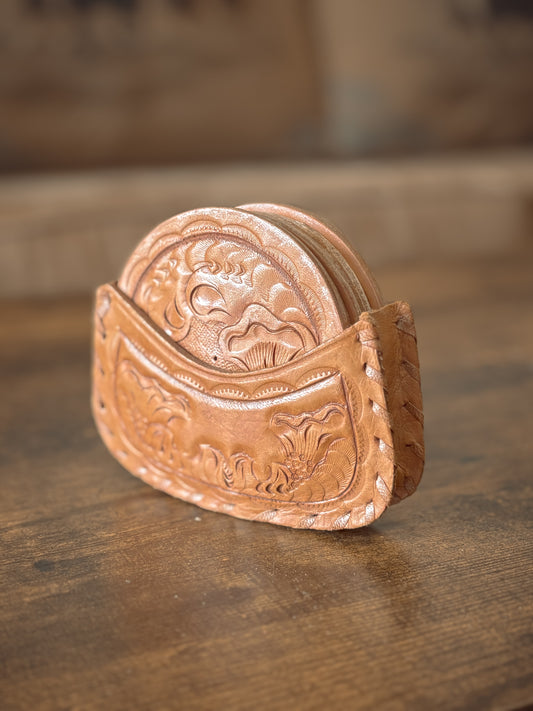 *VINTAGE* PARAGUAY LEATHER TOOLED COASTERS SET OF 6 WITH HOLDER
