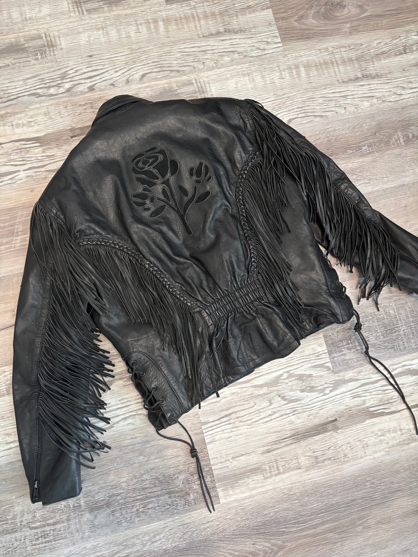 UNIK LEATHER FRINGE BLACK ROSE BIKER JACKET *VINTAGE*