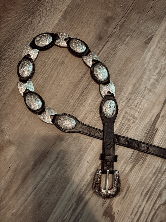 *VINTAGE* TONY LAMA EVERYDAY BELT, SILVER/ BLACK LEATHER CONCHO BELT