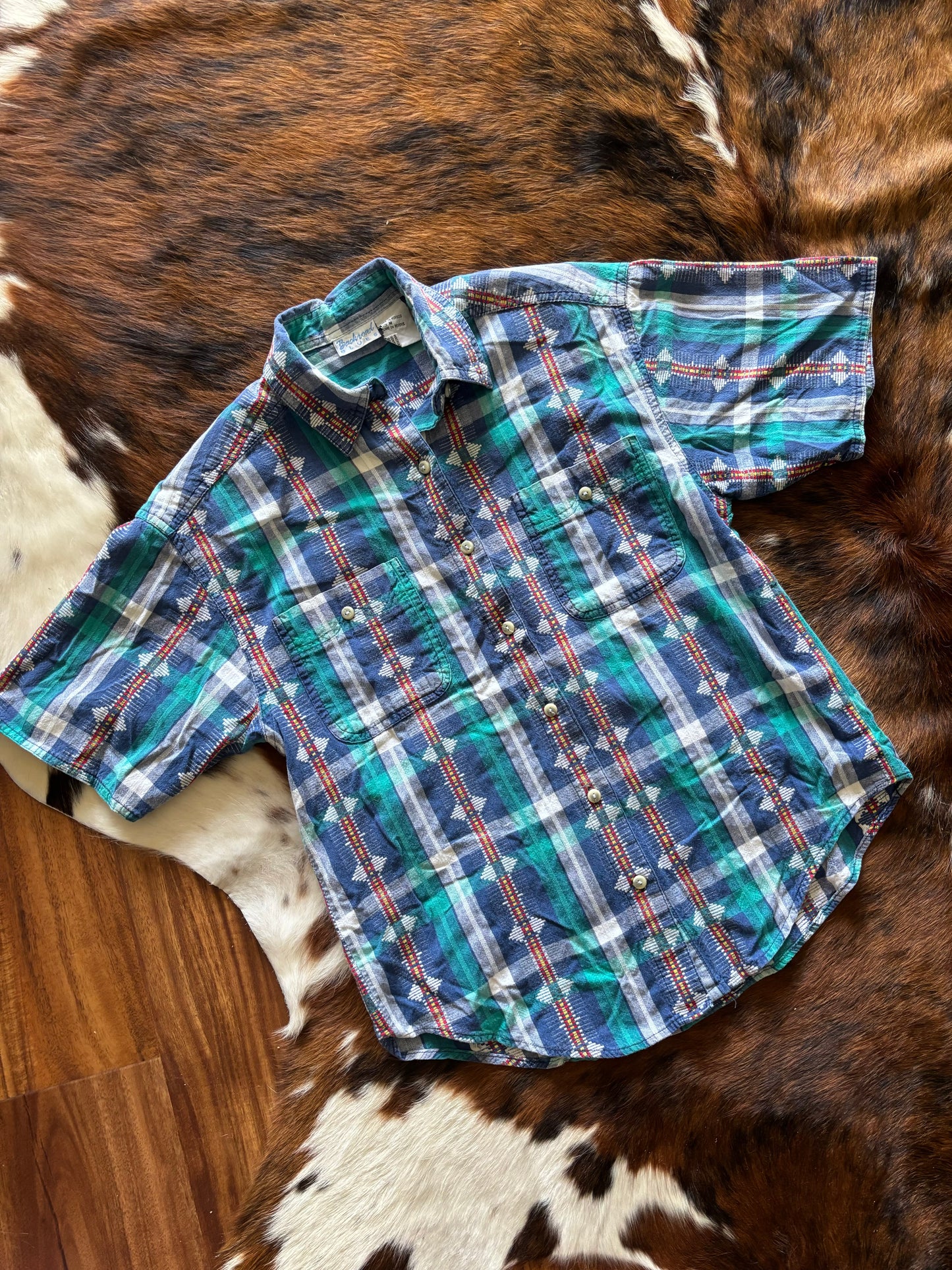 Southwestern Plaid Women’s Short Sleeved Button Up Shirt *VINTAGE*