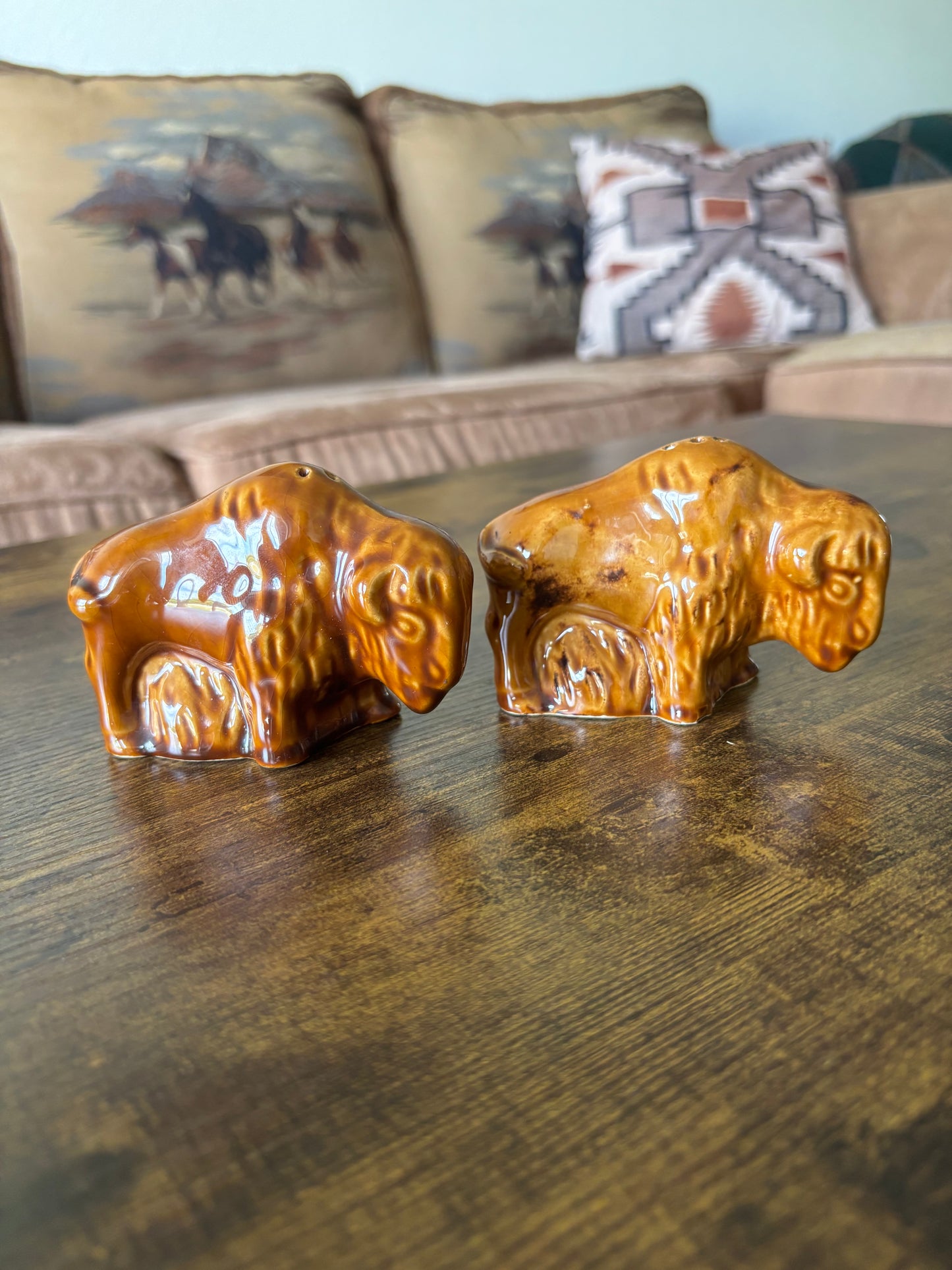 *VINTAGE* SOUTH DAKOTA SIGNED BISON BUFFALO SALT & PEPPER SHAKERS SET