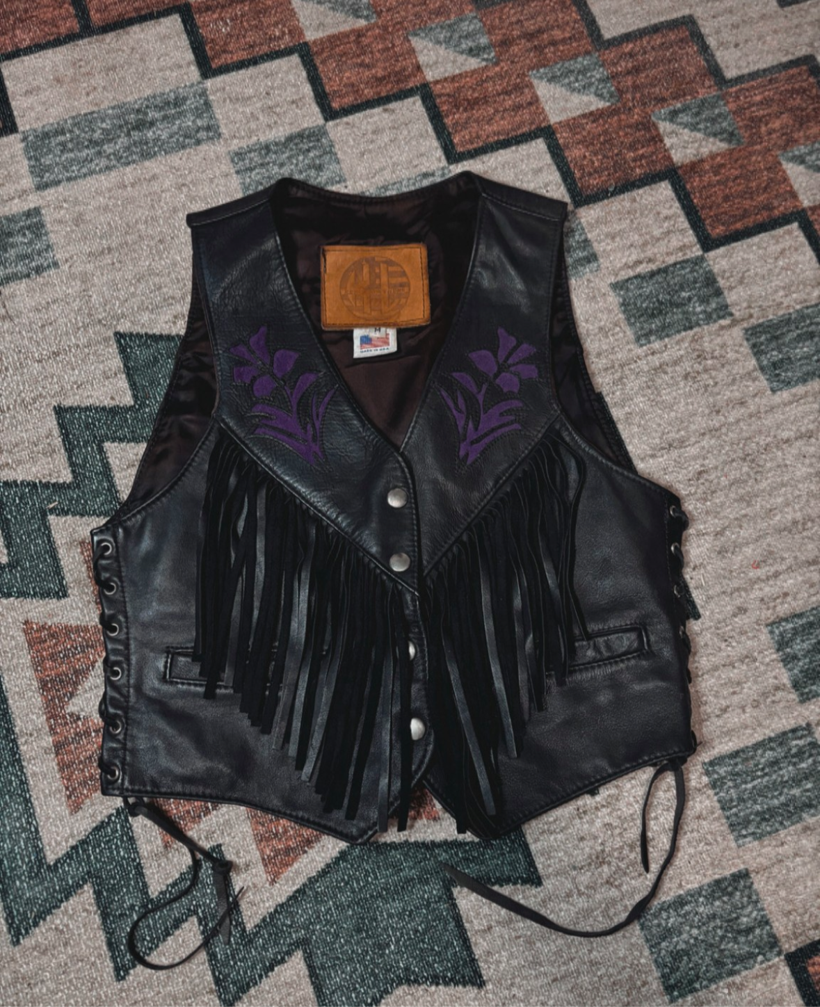 PURPLE FLOWERS FRINGE LEATHER VEST