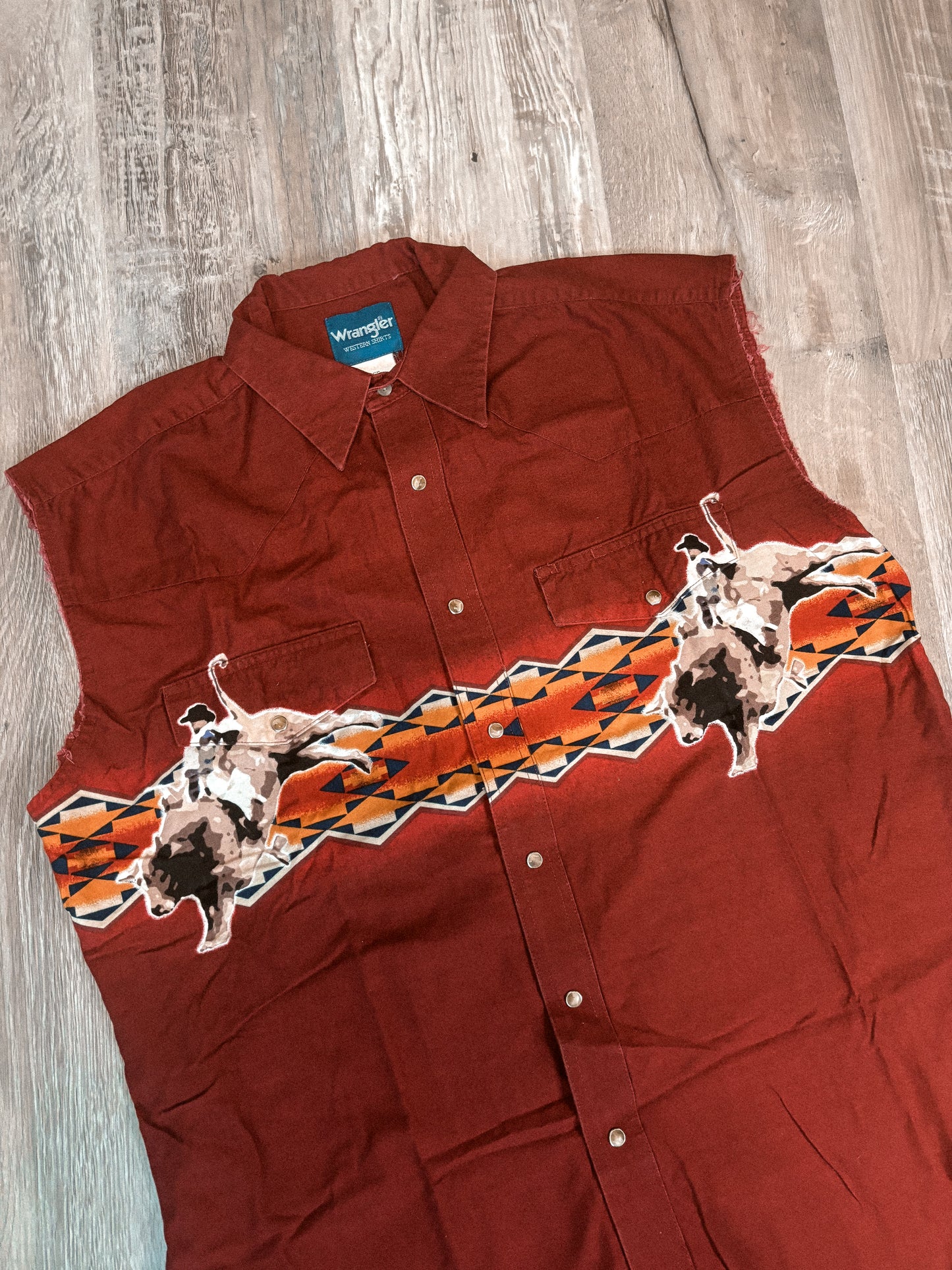BULL RIDER AZTEC CUT OFF WRANGLER PEARL SNAP *VINTAGE*