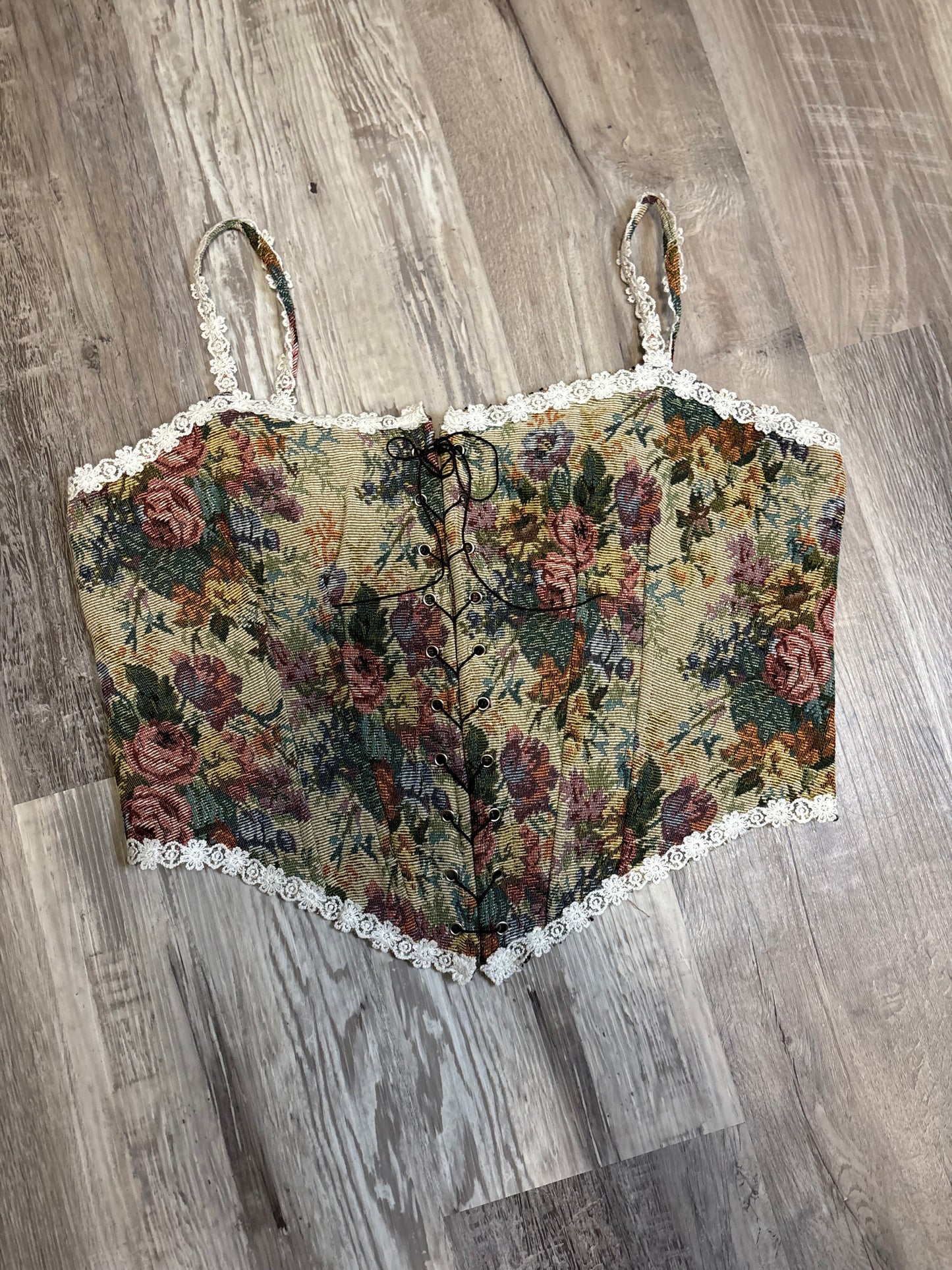 FLORAL TAPESTRY AND LACE CORSET TOP