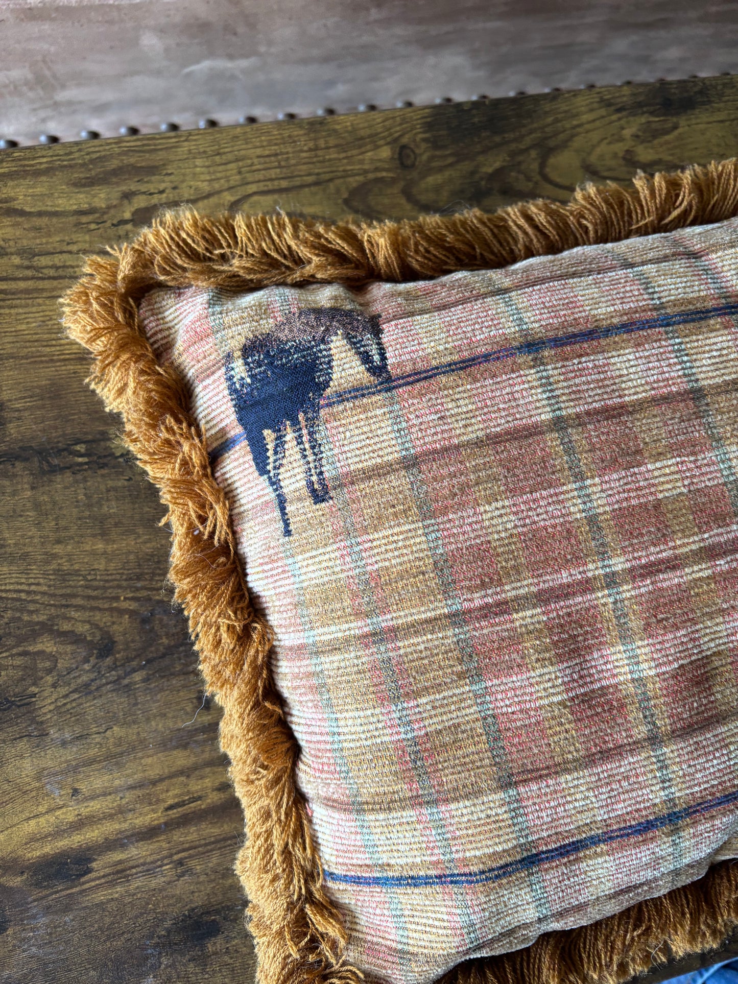 *VINTAGE* PLAID W/ FRINGE HORSE LONG THROW PILLOW