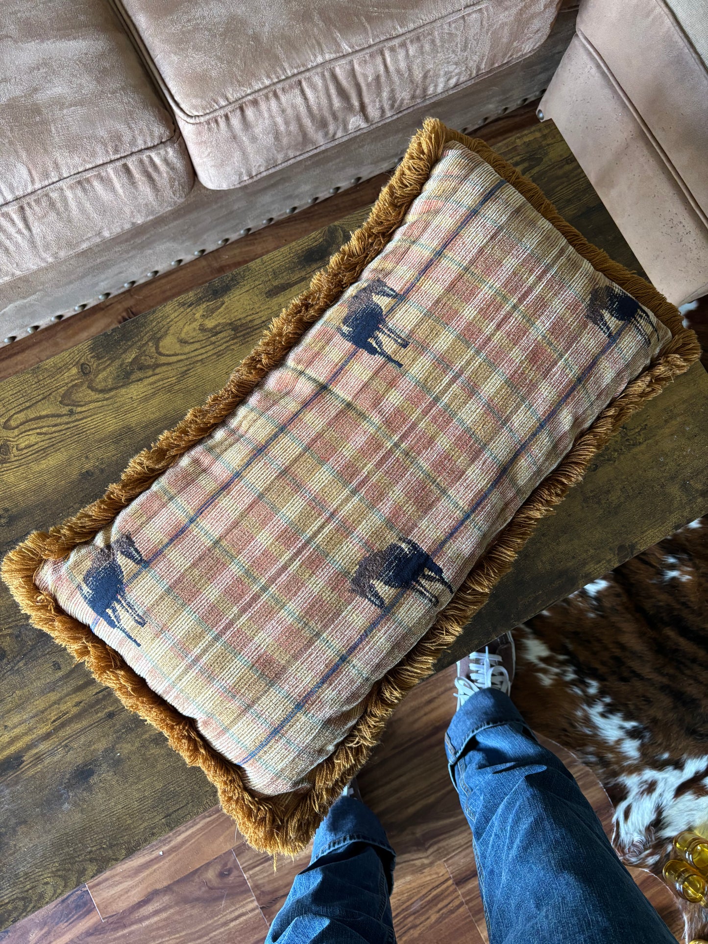*VINTAGE* PLAID W/ FRINGE HORSE LONG THROW PILLOW