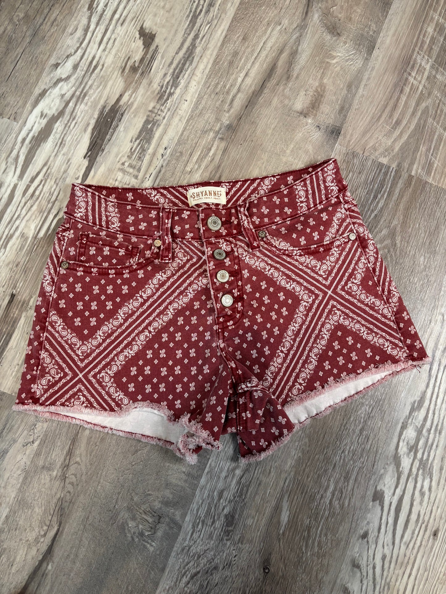 26” SHYANN PAISLEY BANDANA PRINT CUT OFF SHORTS