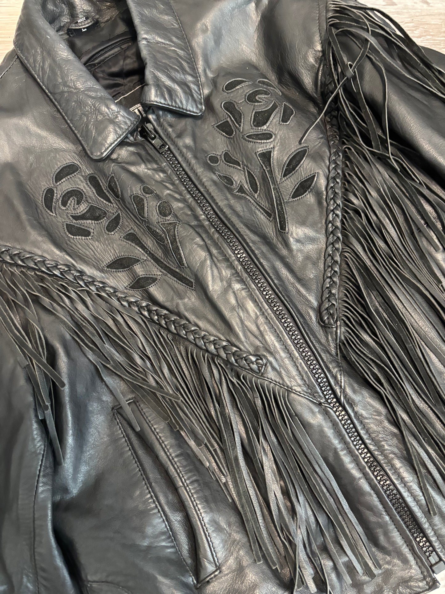 UNIK LEATHER FRINGE BLACK ROSE BIKER JACKET *VINTAGE*