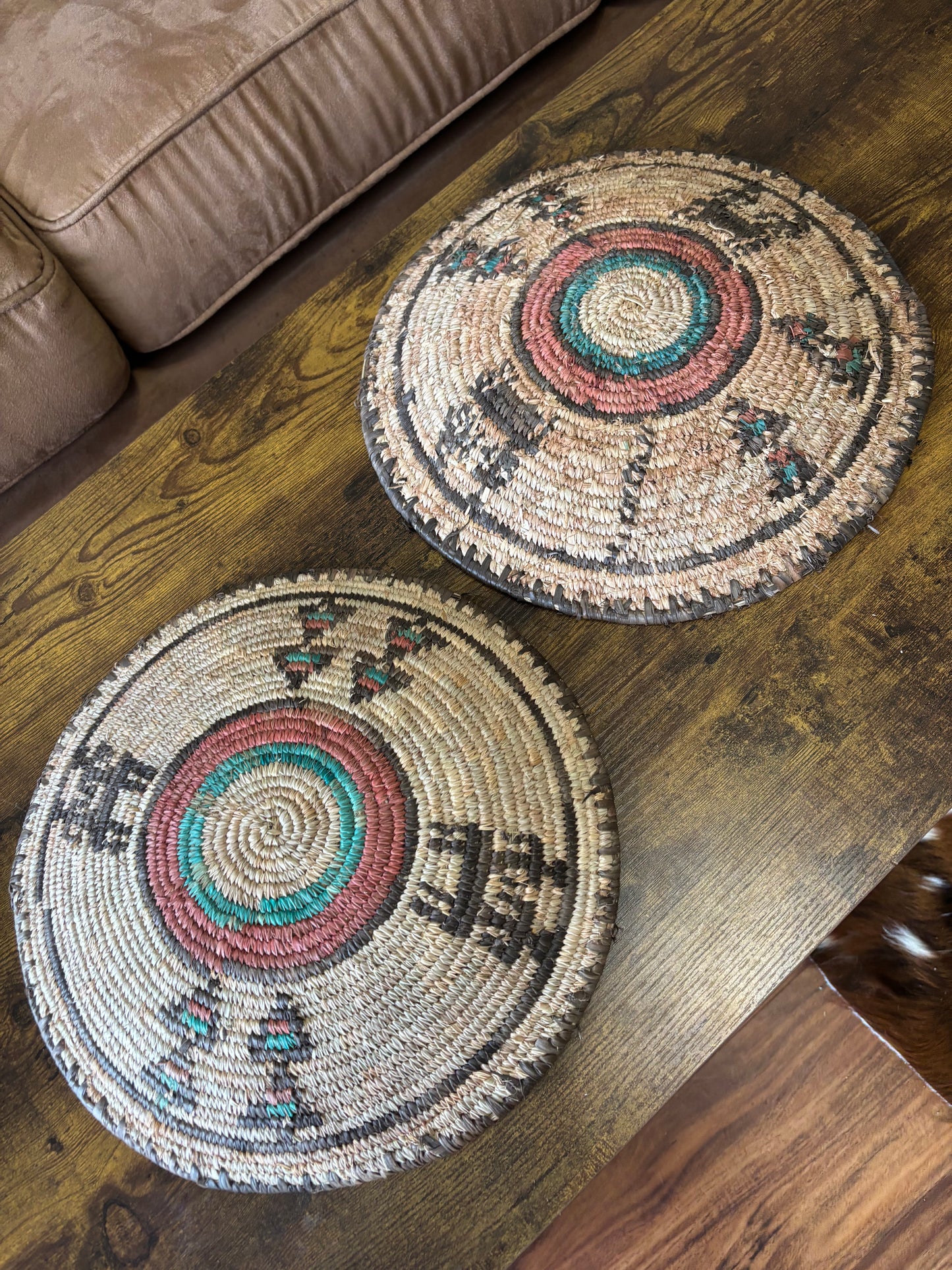 *VINTAGE* NATIVE HAUSA NIGERIAN AFRICAN WOVEN SHALLOW GRAIN BASKET WEDDING BOWL SET OF 2