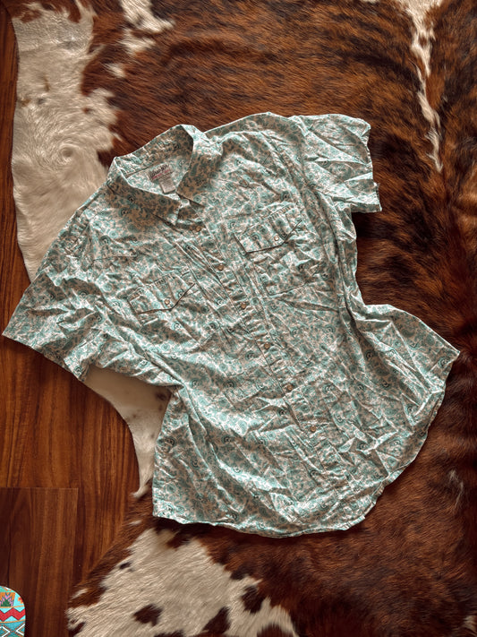 Blue Floral Women’s Wrangler Short Sleeved Pearl Snap Shirt *VINTAGE*