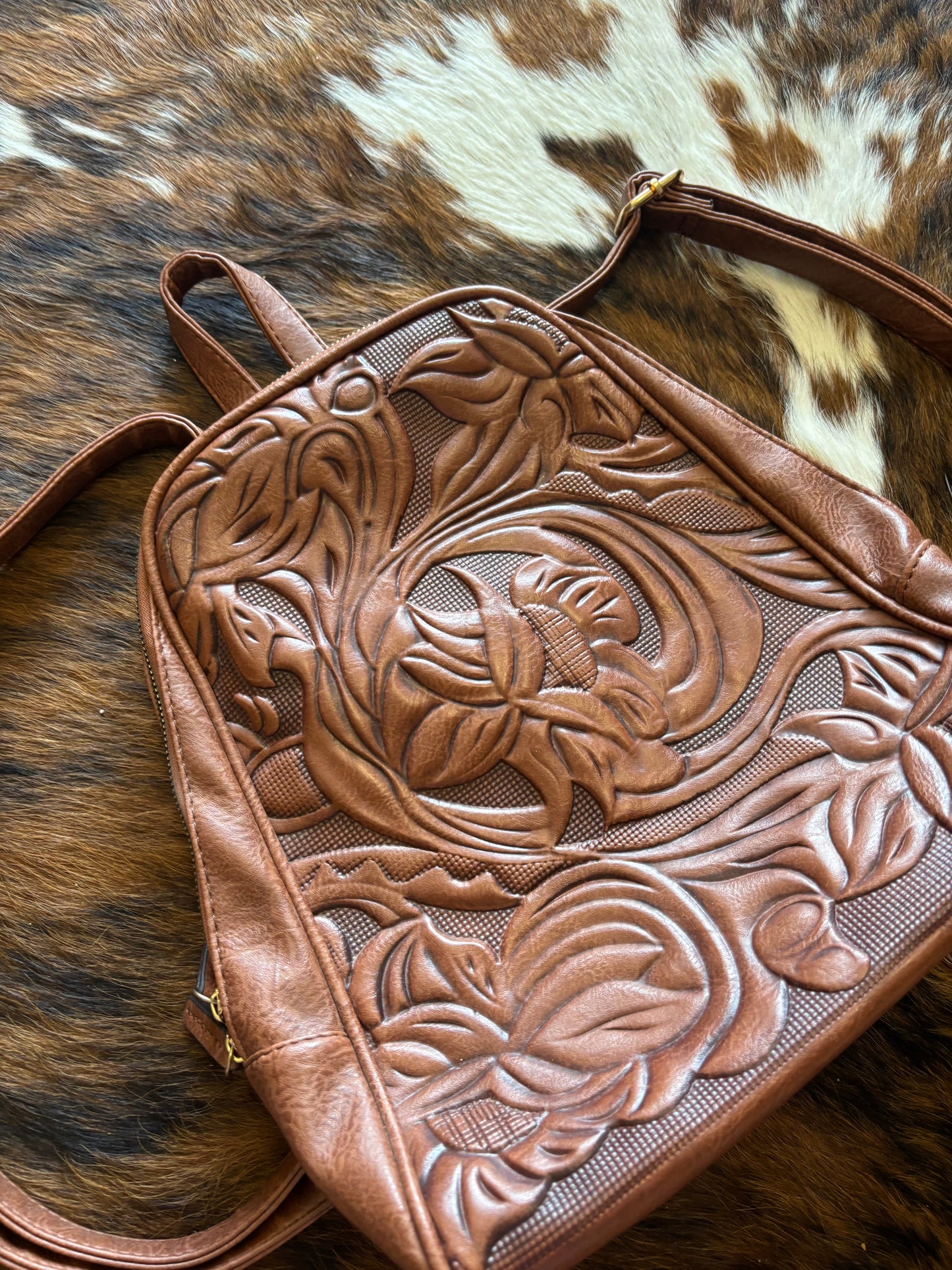 FAUX LEATHER TOOLED WESTERN MINI BACKPACK PURSE BAG