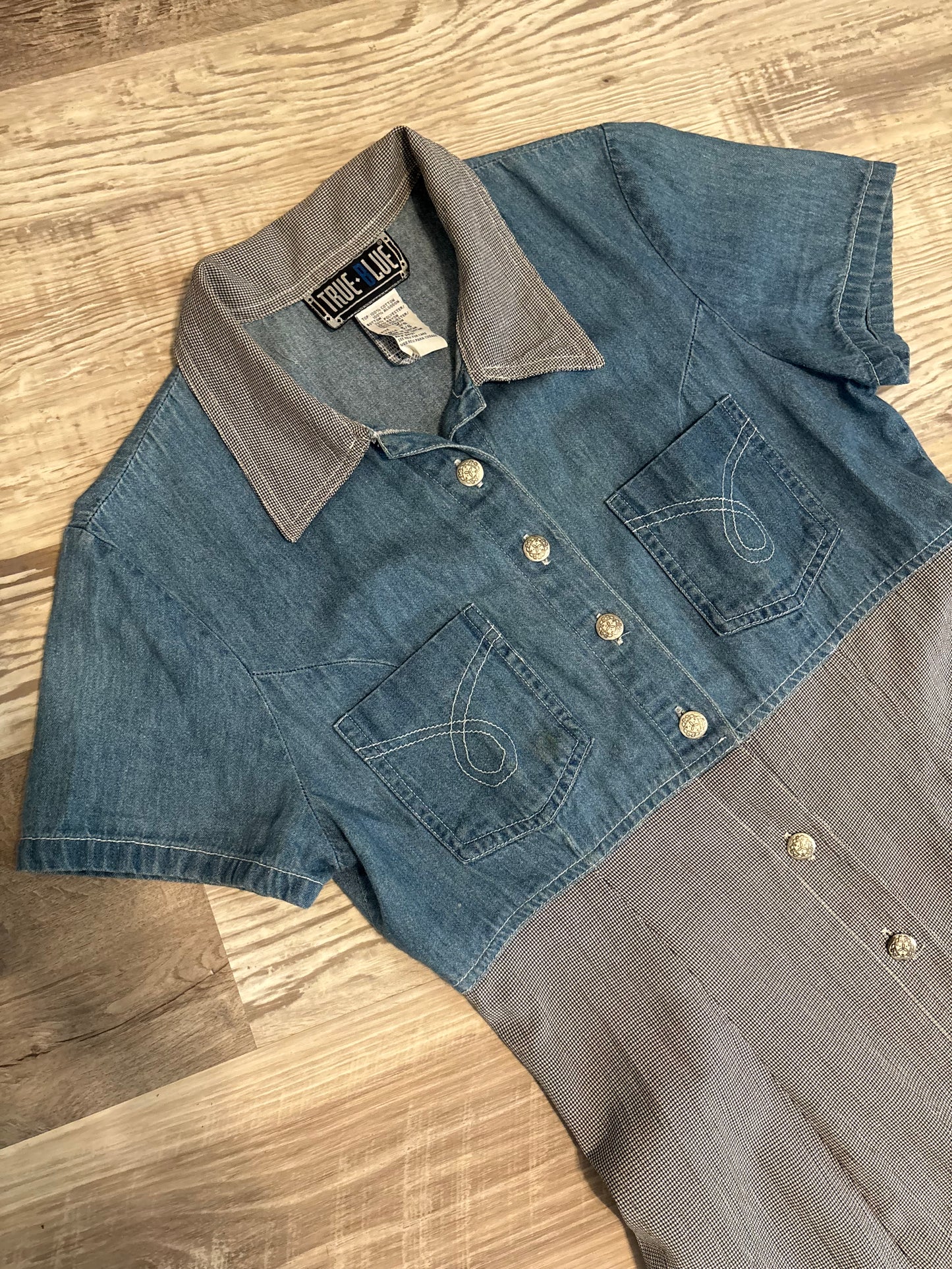 *VINTAGE* DENIM TOP, HOUNDSTOOTH, BUTTON FRONT DRESS