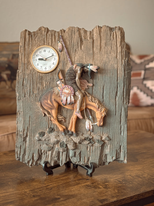 *VINTAGE* LARGE DECORATIVE END OF THE TRAIL NATIVE AMERICAN WALL HANGING *clock untested*