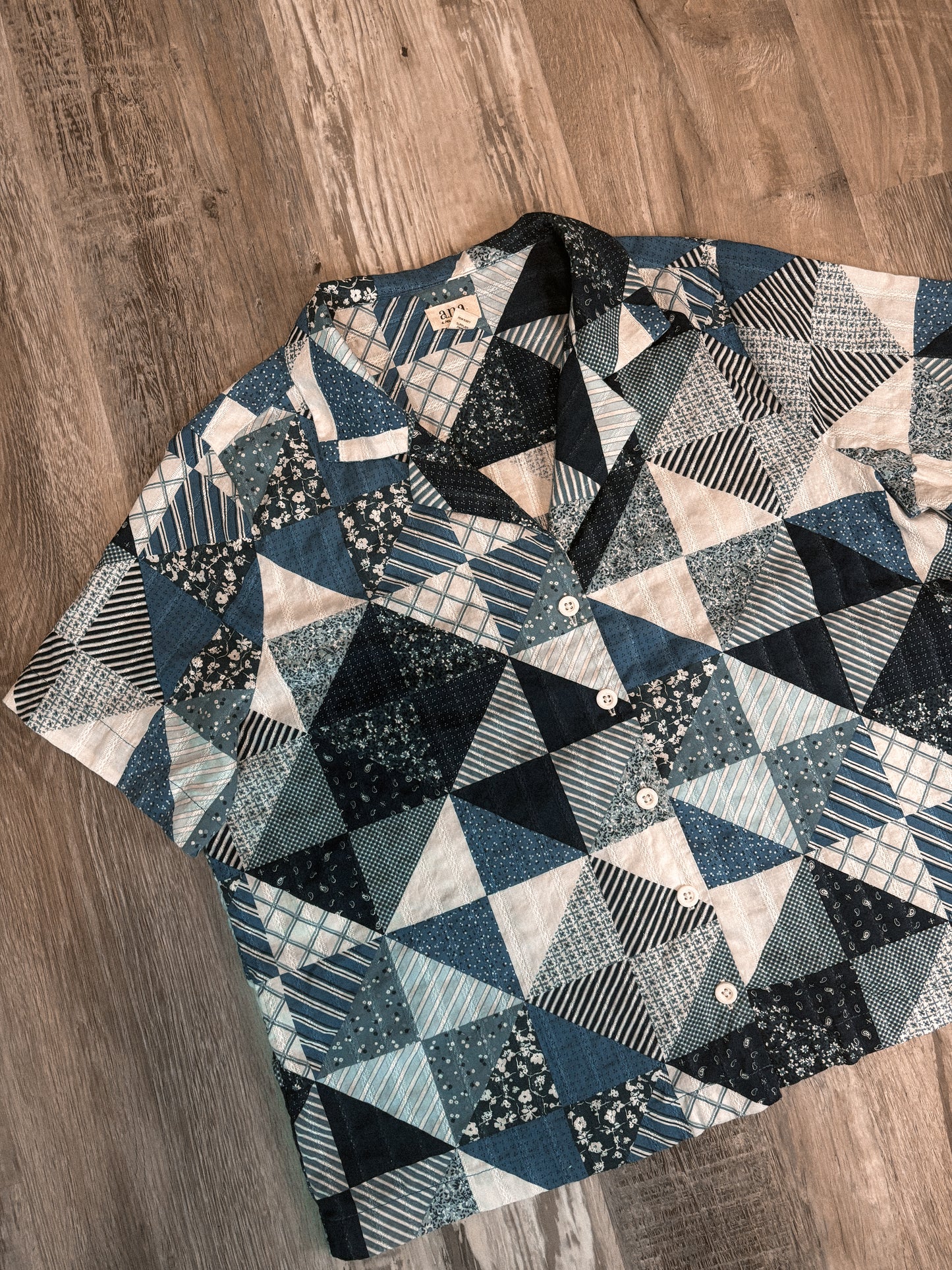 BLUE/ WHITE PATCHWORK QUILT STYLE BUTTON UP CROP